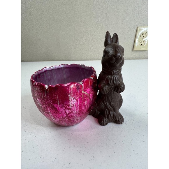 Home Decorative Easter Ceramic Chocolate Bunny Rabbit With‎ Foil Egg Figurine - Picture 1 of 9